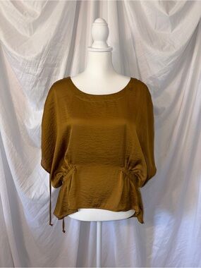 Drawstring Waist Satin Blouse in Mustard Brown